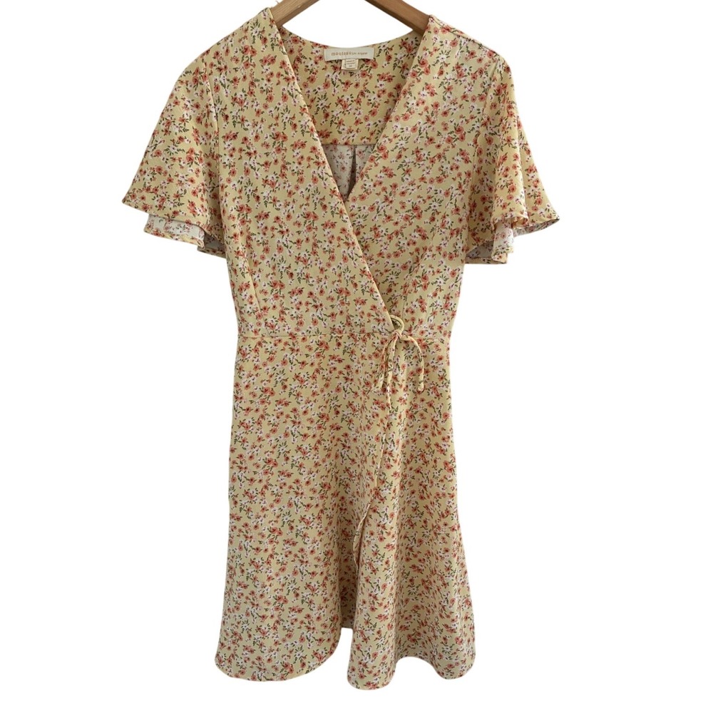 Monteau Babydoll Cottagecore Yellow Floral Wrap Dress Flutter Sleeve M